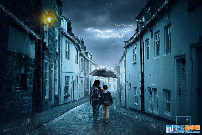 PS合成打雷闪电下雨的小巷场景